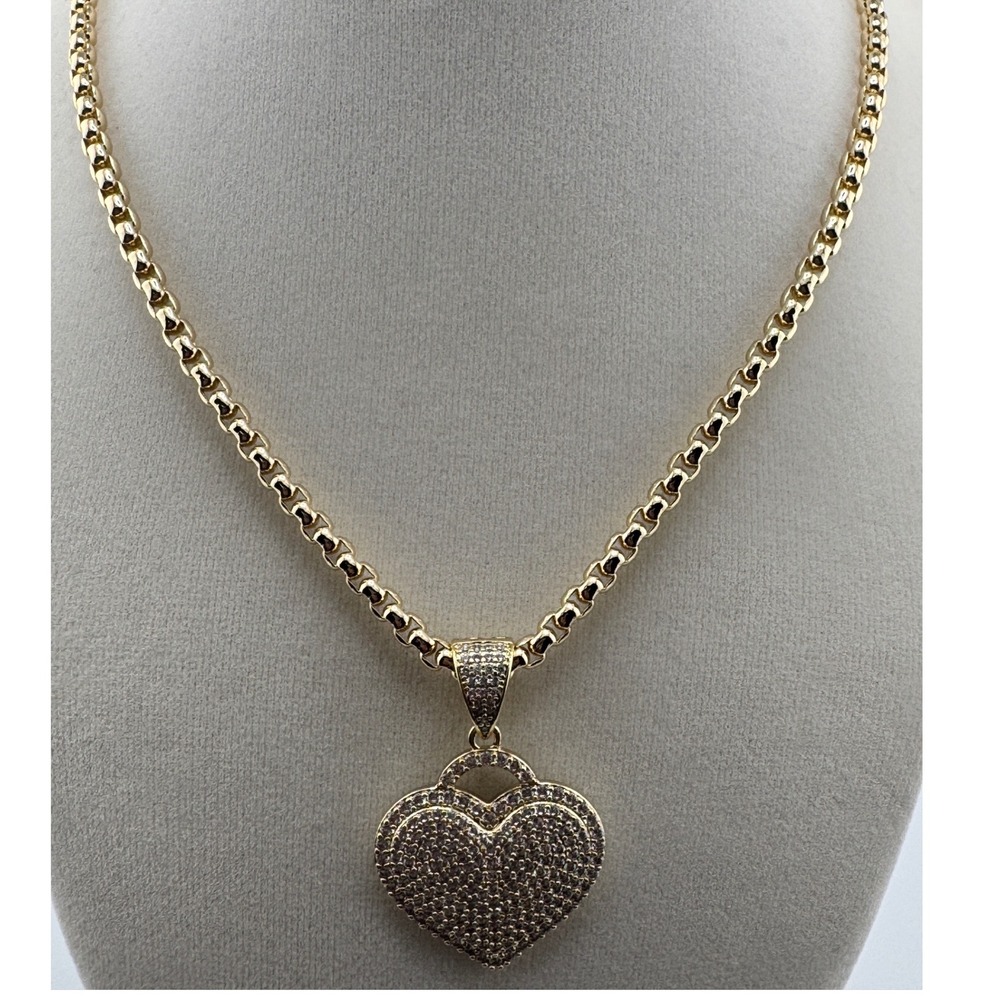 Gold Plated Pave Cubic Zirconia Double Heart Pendant Rolo Chain Necklace